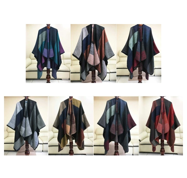 Winter Outdoor Warm Poncho for Women Big Checkered Ladies Cape Shawl