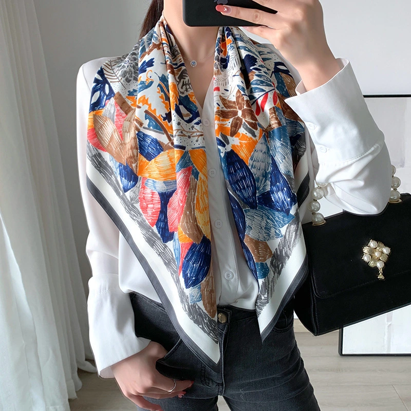 Wholesale Summer Fashion Satin Silk Scarf Ladies Custom Logo Digital Print Fake Silk Scarf for Women