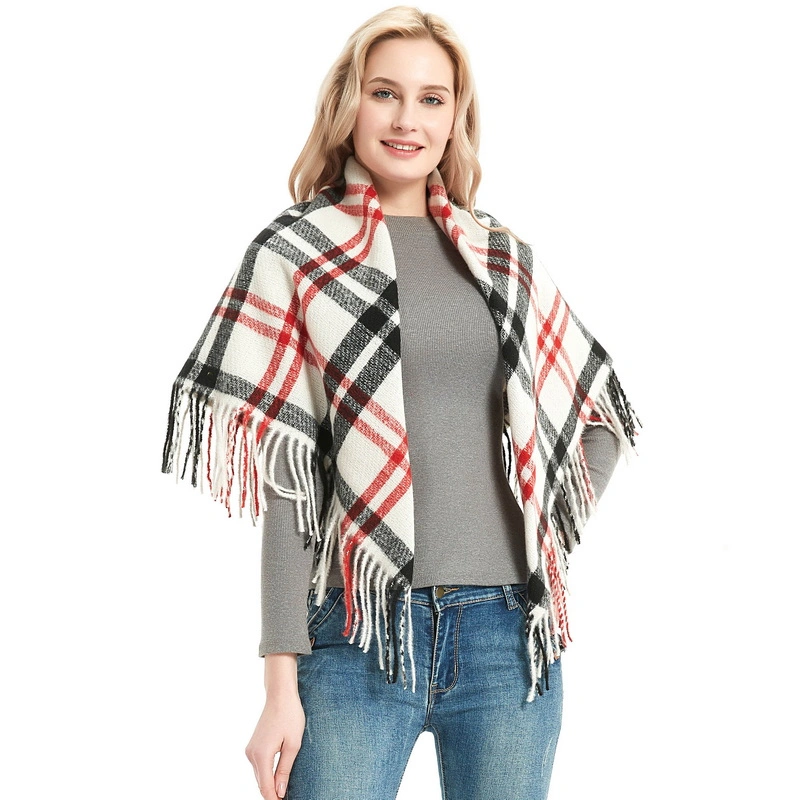 Pretty Customise Fashion Women Checked Square Scarf with Tassel