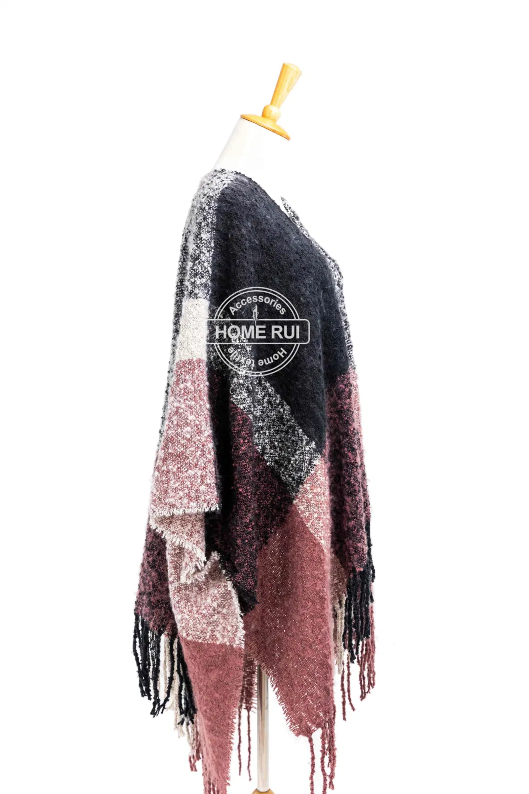 Home Rui Maufacturer Trendy Outerwear Spring Autumn Woman Apparel Accessory Boucle Cashmere Feel Multi Tassel Wraps Grids Plaid Checks Cardigan Cloak Cape