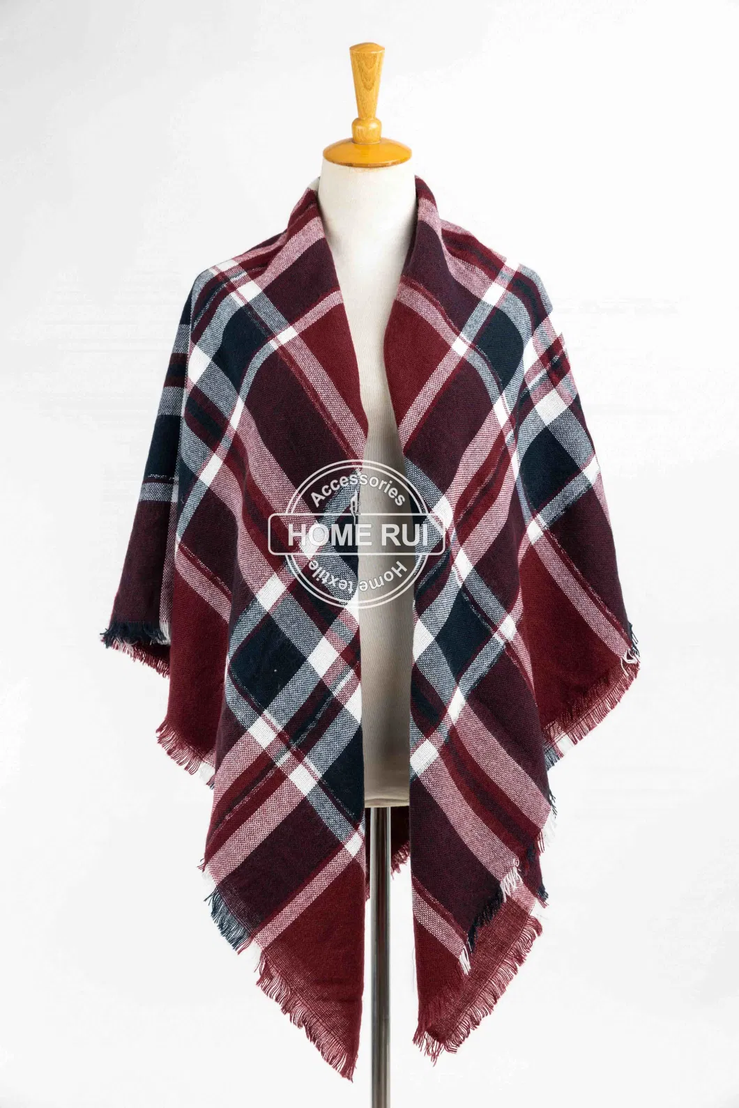 Custom Outerwear Apparel Accessory Spring Winter Wine Fringe Checks Grid Tartan Pashmina Windowpane Lurex Metalic Headwear Oversize Blanket Scarf Shawl