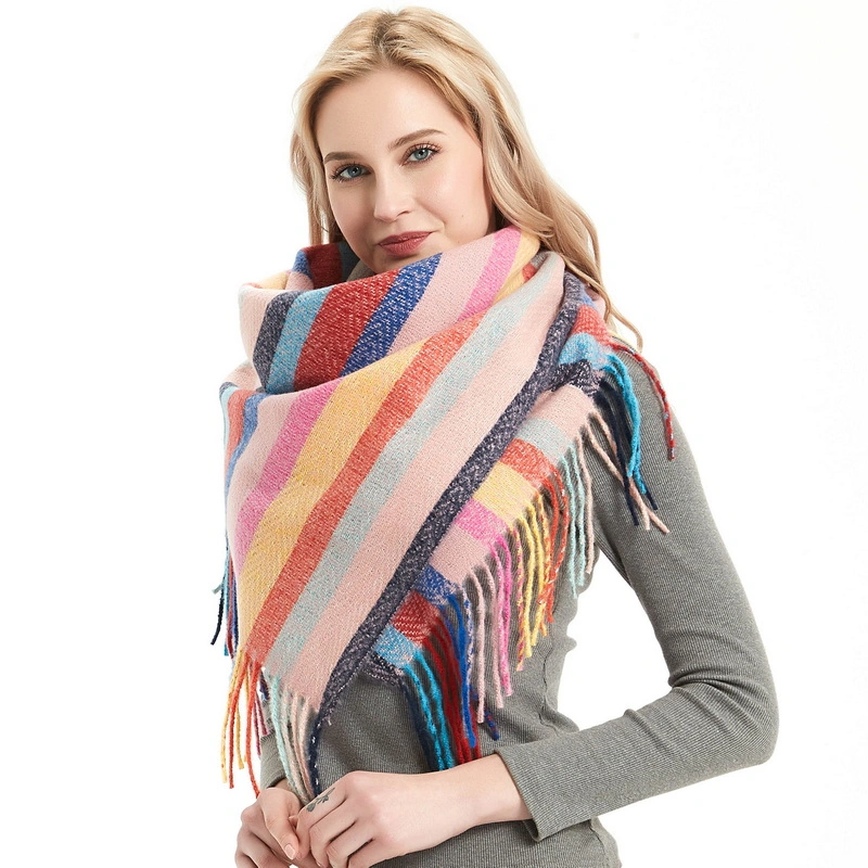 Oversized Colorful Striped Print Women Square Shawl Scarf with Fringe
