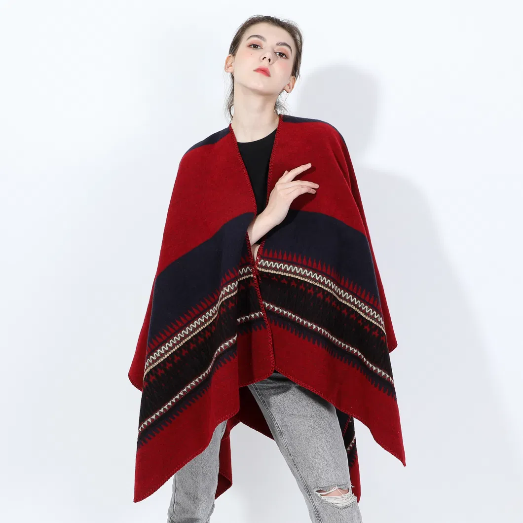 Fashion Warm Wrap Shawl Winter Striped Scarf Poncho Wave Women Cape