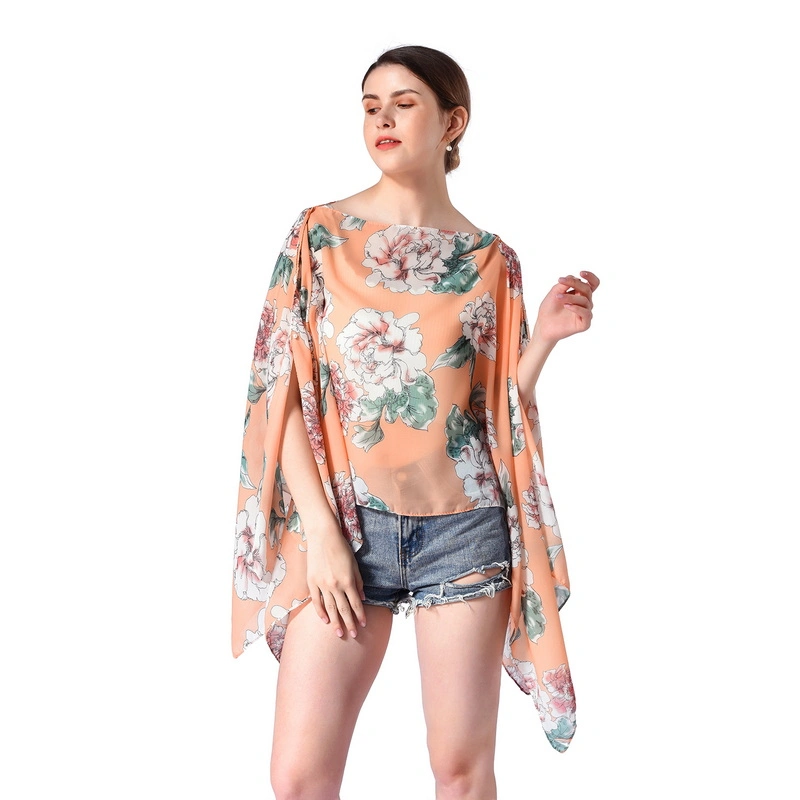 Custom Summer Floral Print Women Poncho Shawl with Pearl Buttons