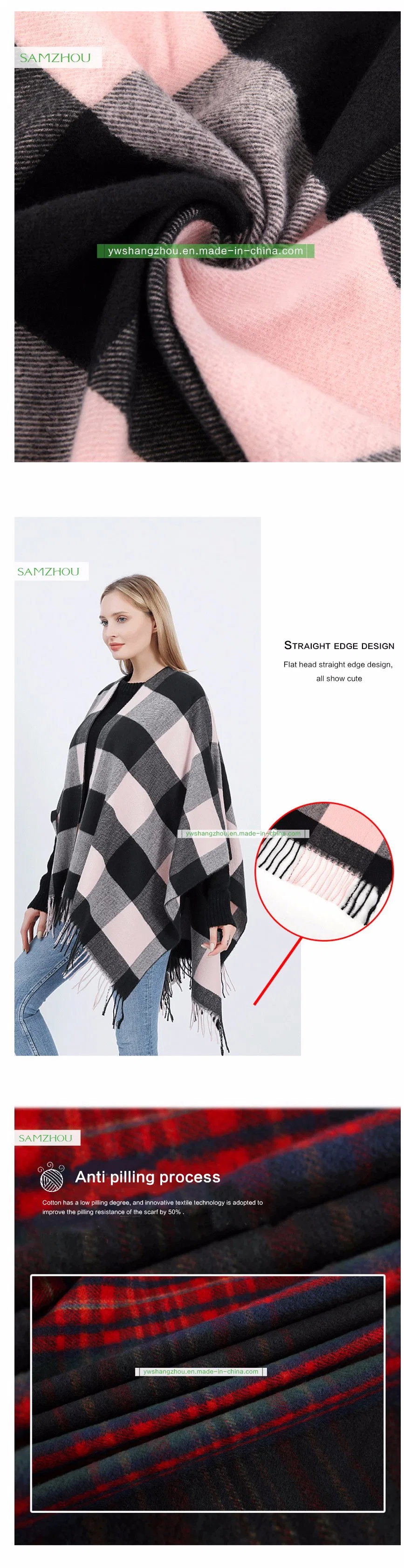 Western Plaid Cape Fashion Scarf Lady Cashmere Slit Shawl Winter