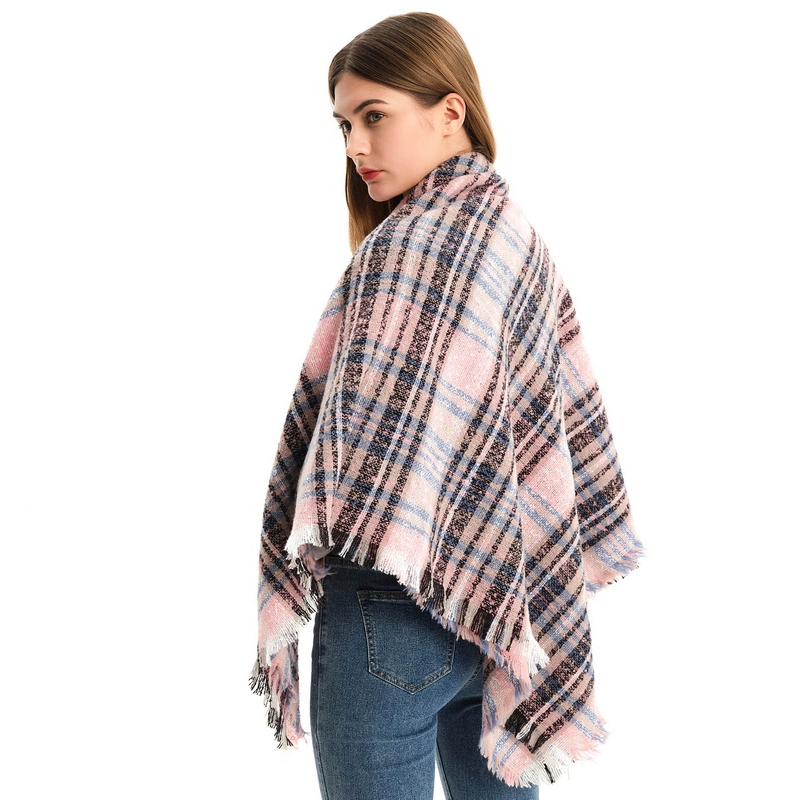 Custome Oversized Checked Tartan Square Scarf with Tassel for Ladies