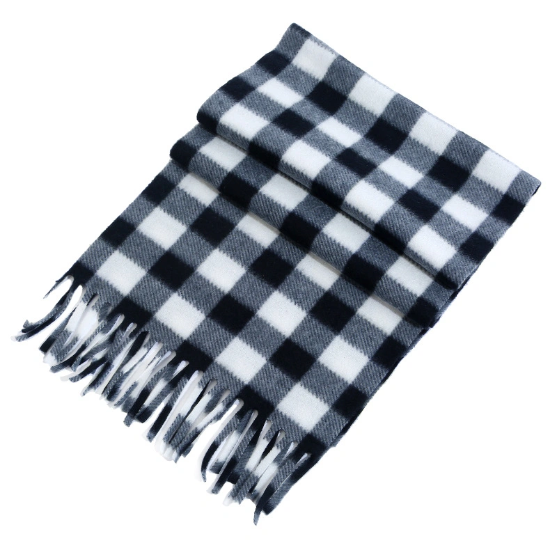 Soft Warm Plaid Pattern Brushed Fleece Scarf with Fringe, Checked Design and Cashmere Feel