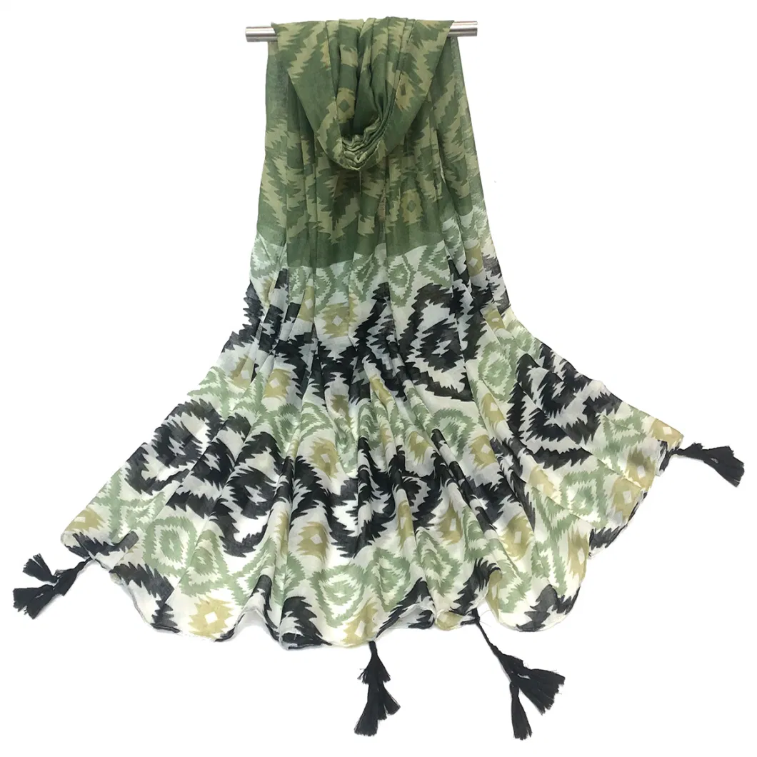 Women&prime;s Geo Leaves Mix Print Scarf with Tassel