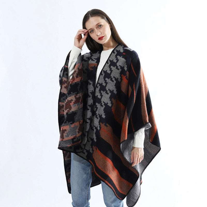 Oversized Fashion Winter Classic Woven Ponchos Knit Shawl with Belt for Women