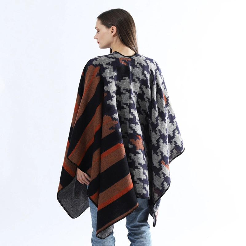 Oversized Fashion Winter Classic Woven Ponchos Knit Shawl with Belt for Women