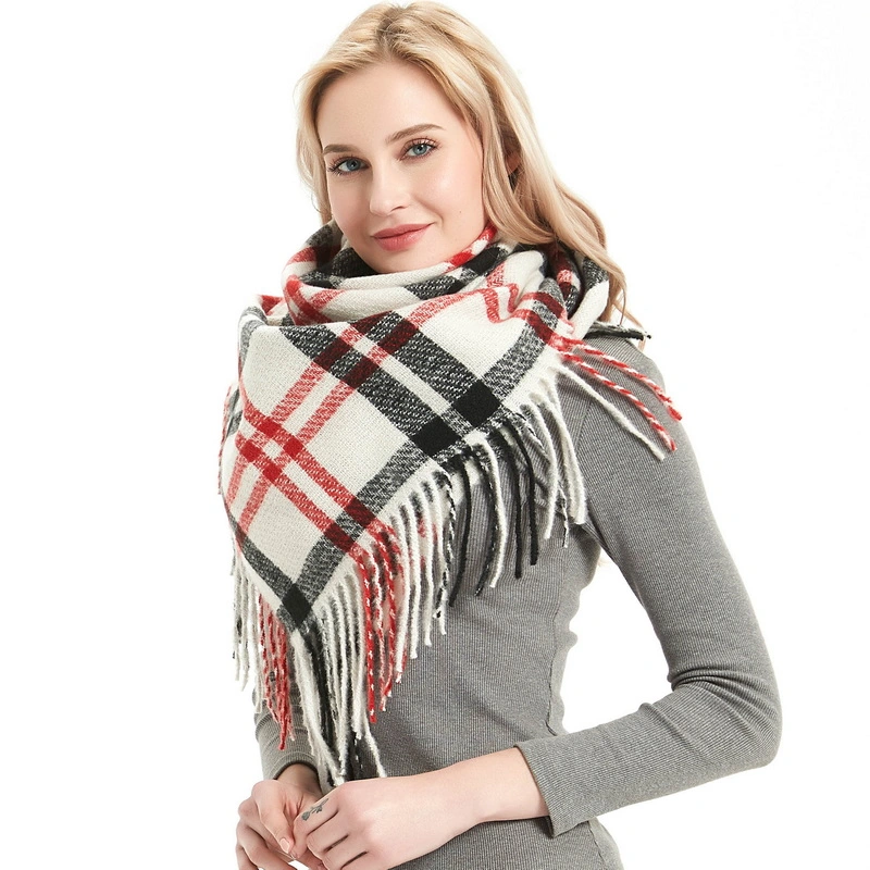 Pretty Customise Fashion Women Checked Square Scarf with Tassel