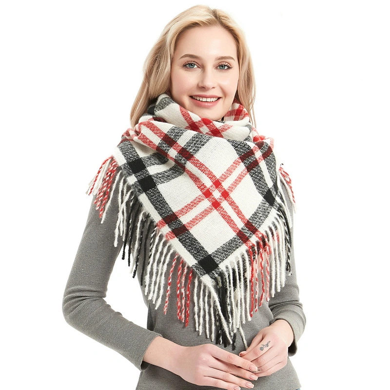 Pretty Customise Fashion Women Checked Square Scarf with Tassel