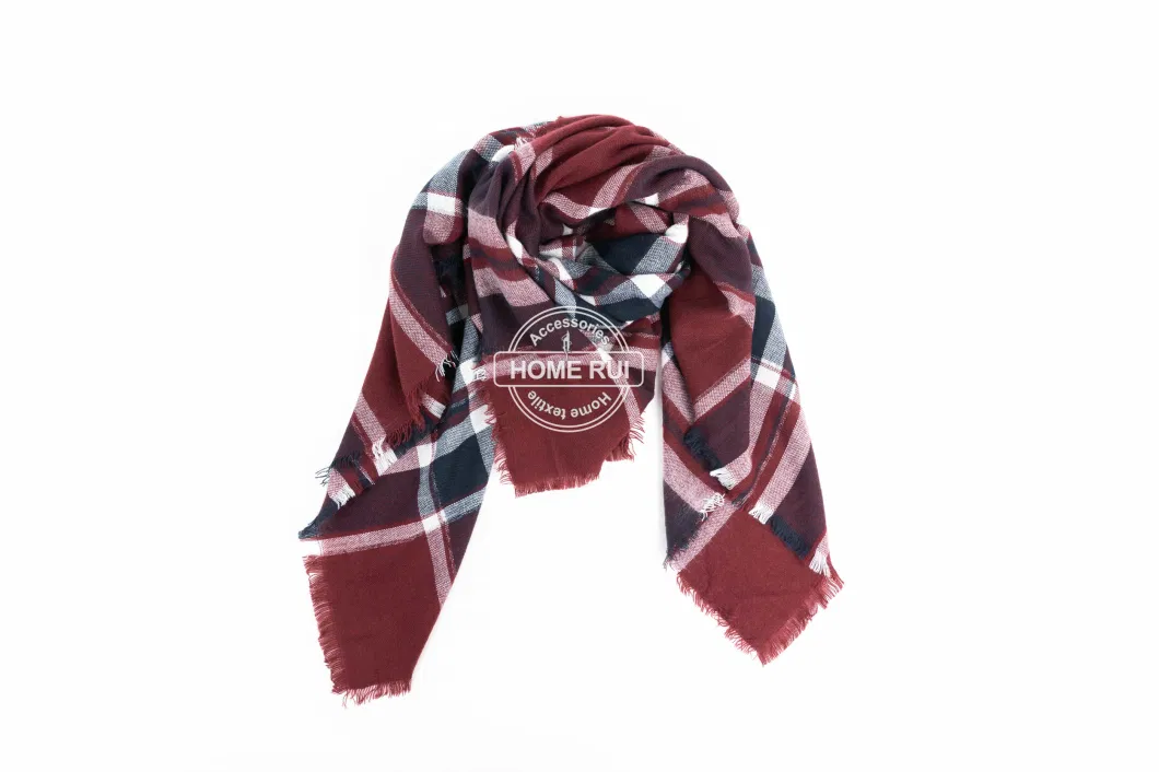 Custom Outerwear Apparel Accessory Spring Winter Wine Fringe Checks Grid Tartan Pashmina Windowpane Lurex Metalic Headwear Oversize Blanket Scarf Shawl