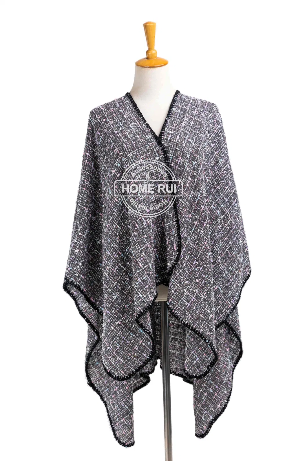 Outfit Fall Winter Female Lady Fashion Black Plus Batwing Sleeve Tassel Cozy Fluffy Chunky Color Dots Sweater Boat V-Neck Oversize Shawl Blanket Poncho Pallium