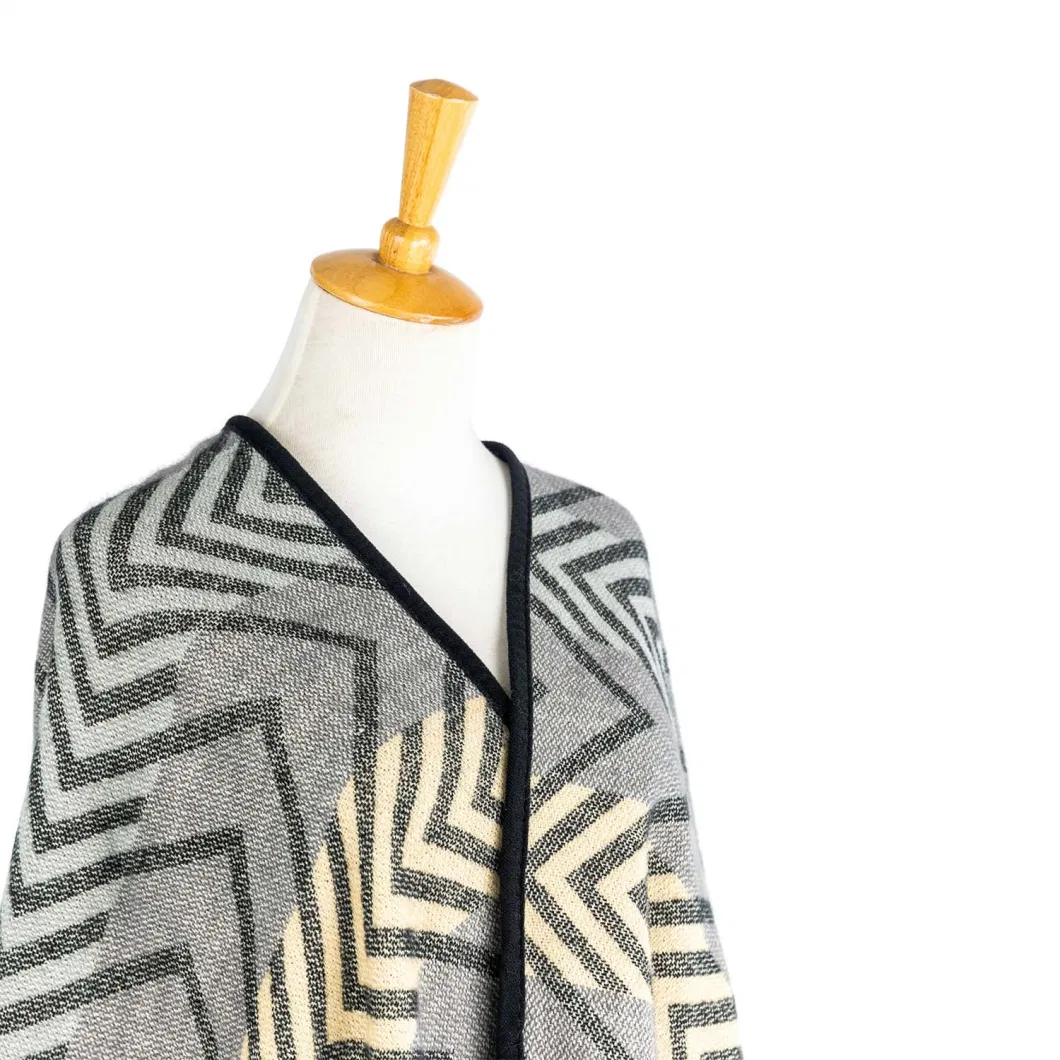 Women Grey Winter Knitted Reversible Printed Oversized Zigzag Geometric Striped Lined Sweater Bohemian Cardigan Tartan Blanket Pattern Cape Pallium Poncho