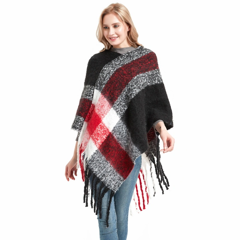 High Quality Winter Women Black Checked Poncho with Tassels