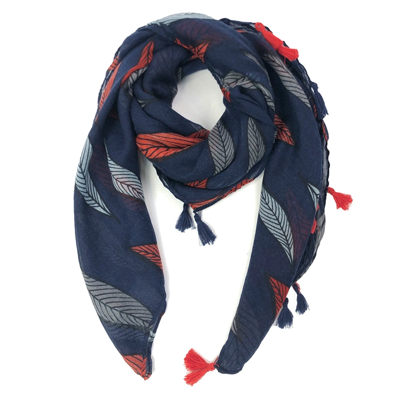 a Stylish Scarf Decorated with Bold Colourful Leaves Tassel