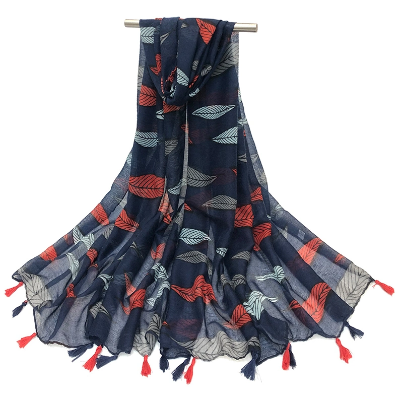 a Stylish Scarf Decorated with Bold Colourful Leaves Tassel