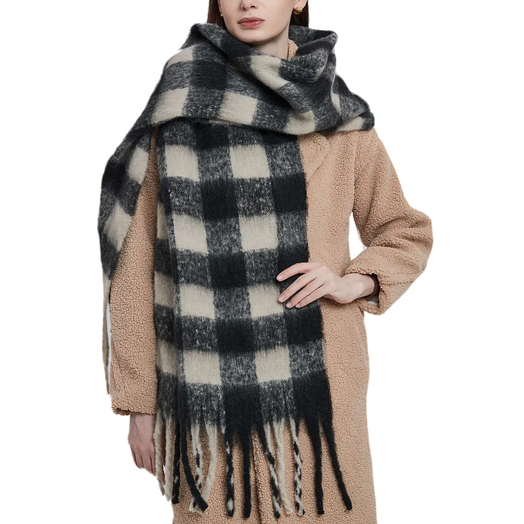 Wholesale Custom Winter Thermal Knitted Wool Scarf Women Grid Cashmere Thick Shawl Scarf