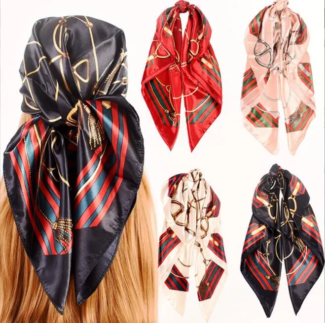 New Printed Fashion Chain Design Large Square Satin Lady Silk Scarves