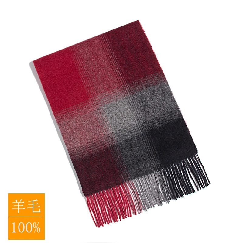 Red Plaid Gradient Warm Women&prime;s Wool Scarf Checked Wool Plaid Shawl Scarf