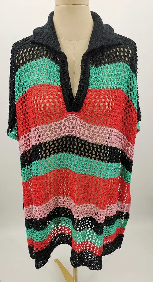 Summer Leisure Stripe Luxury Poncho Shawls Knit Crochet Ponchos with Short Sleeve