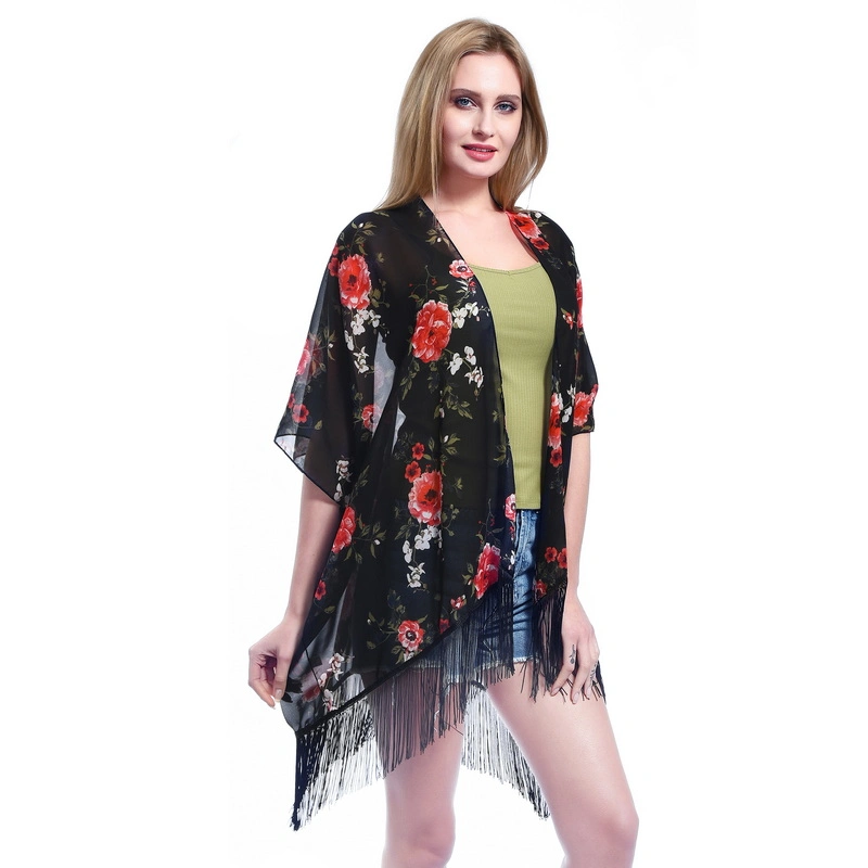Women Chic Summer Chiffon Cover UPS Poncho with Tassel