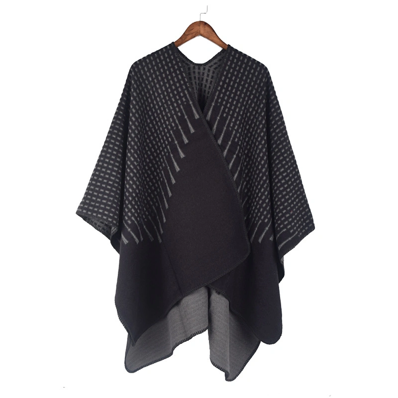 Fashion Shawls Plain Jacquard Blanket Poncho Front-Open Winter Warm Women Cape