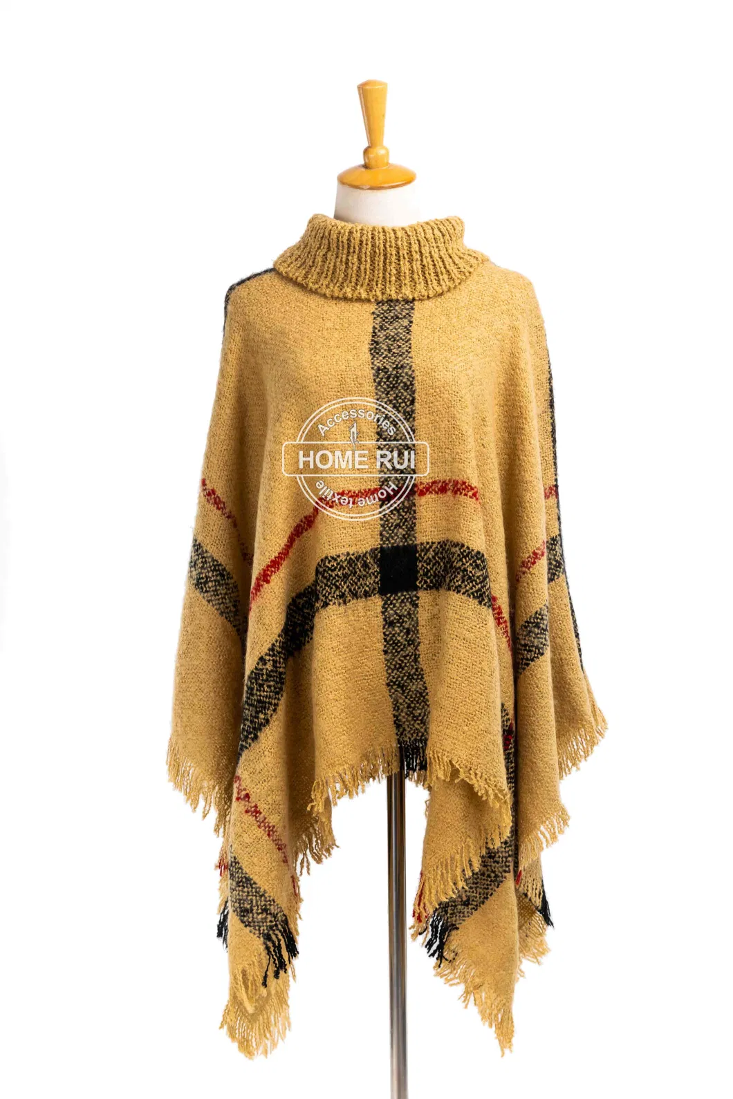 Home Rui Manufacturer Outerwear Autumn Woman Camel Apparel Accessory Boucle Fringe Oversize Pullover Lattice Tartan Grids Turtleneck Shawl Cloak Cape