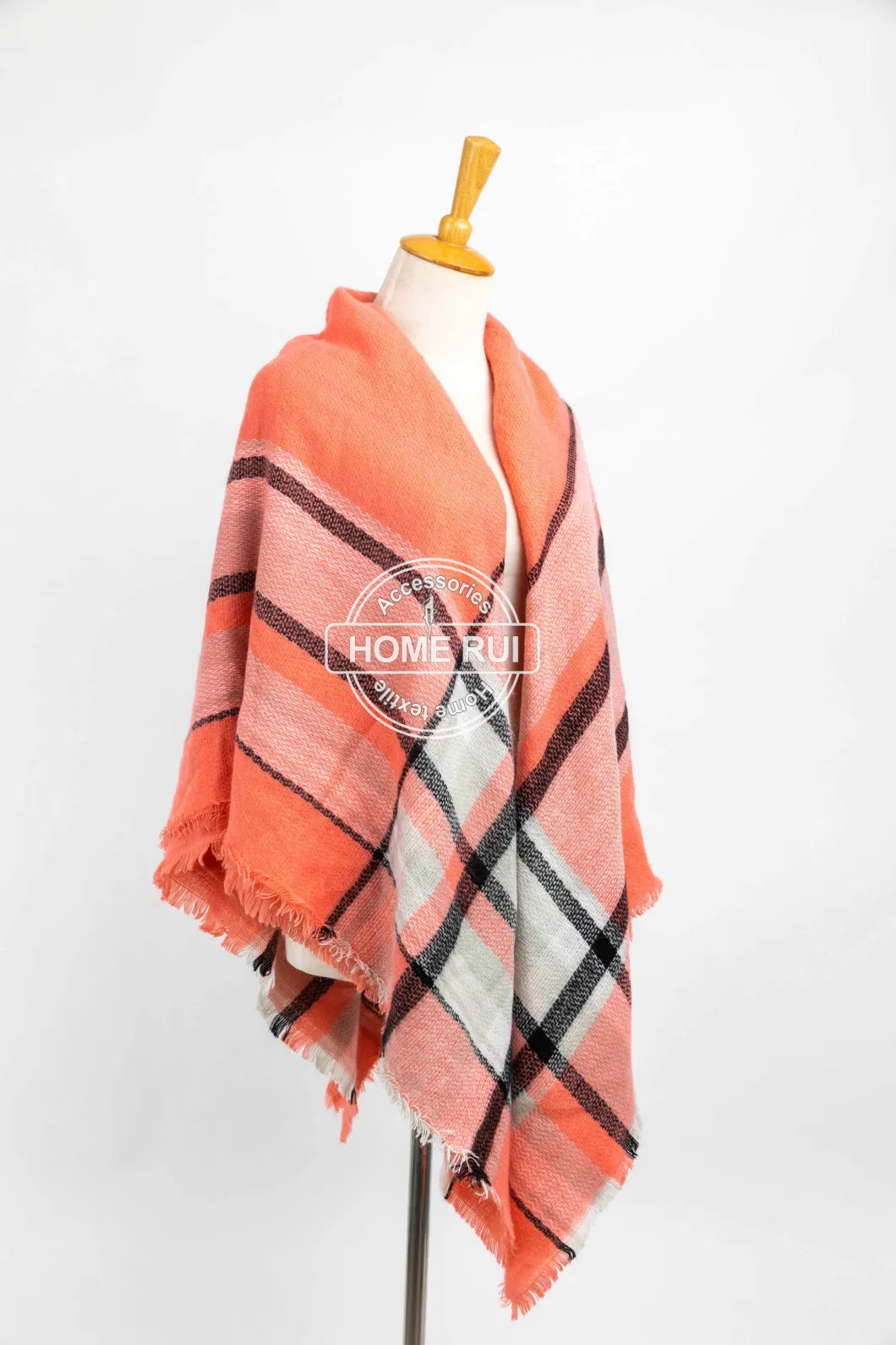 Wholesaler Outerwear Apparel Accessory Women Spring Winter Orange Short Fringe Checks Grid Tartan Warm Pashmina Windowpane Beach Headwear Blanket Scarf Shawl