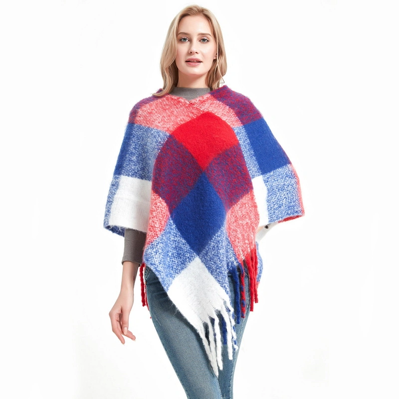 Colorful Oversized Tartan Women Woven Checked Winter Poncho