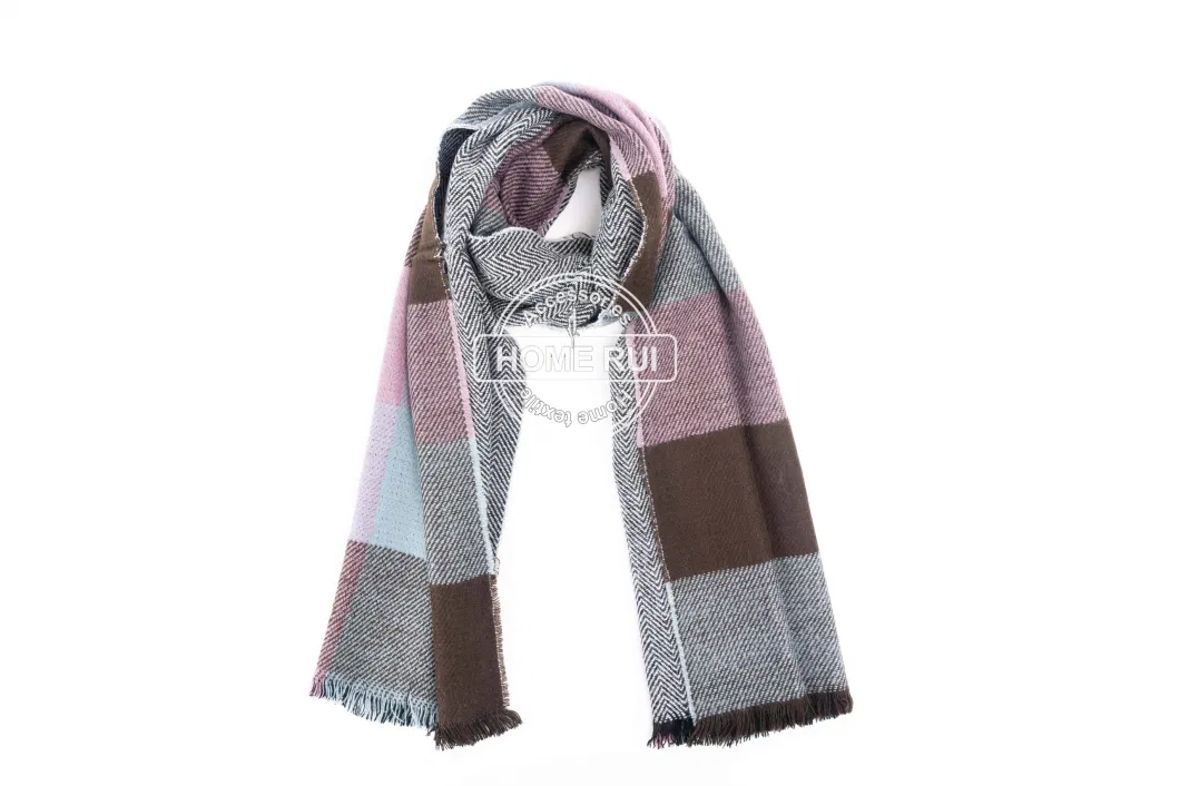 Fashion Accessory Unisex Men Women Winter Purple Brown Light Blue Mixed Acrylic Brushed Woven Fringe Double Sides Reversable Grid Checks Design Long Scarf