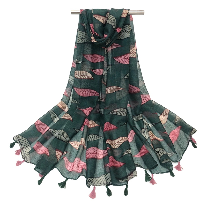 a Stylish Scarf Decorated with Bold Colourful Leaves Tassel