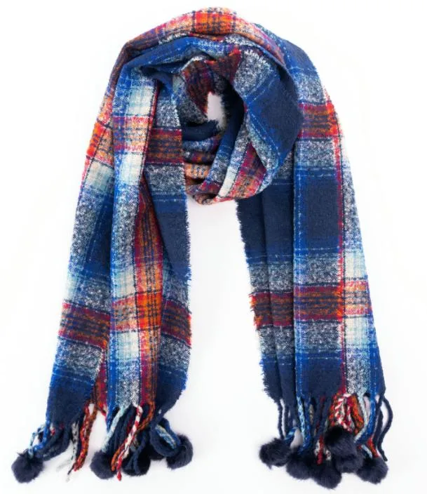 Quality Fashion Attractive Blue Checked Soft Tassel Decoration Woven Scarf