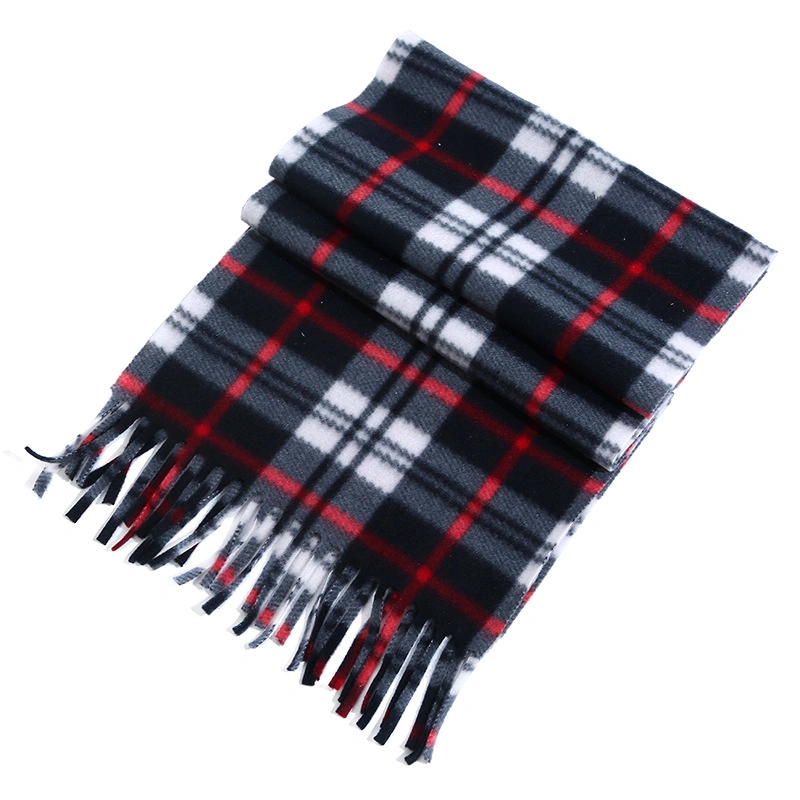 Soft Warm Plaid Pattern Brushed Fleece Scarf with Fringe, Checked Design and Cashmere Feel