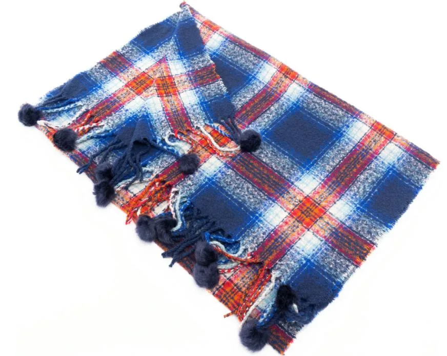Quality Fashion Attractive Blue Checked Soft Tassel Decoration Woven Scarf