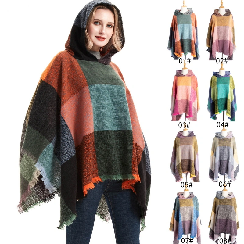 Warm Plaid Hooded Poncho Shawl Wrap for Ladies