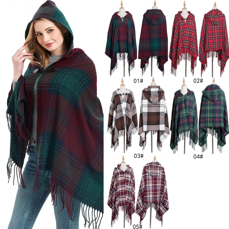 Winter Plaid Ladies Hooded Poncho Cape with Horn Button