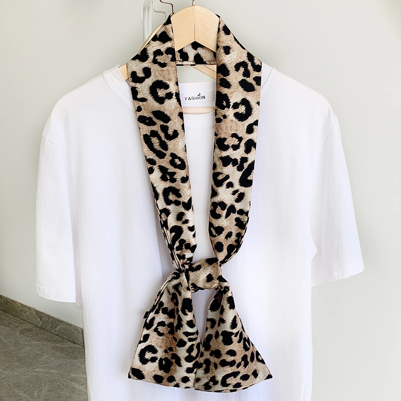 Silk Feeling Small Scarf Leopard Print Handle Bag Ribbons Fashion Head Scarf Small Long Skinny Scarves for Lady Girls