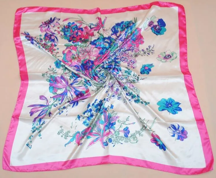 Spring Summer Fashion Versatile Colorful Flowers Satin Square Scarf Wholesale