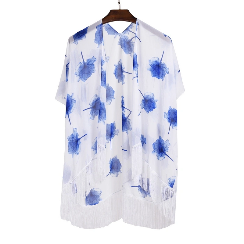 Custom Summer Floral Print Kimono Poncho with Tassel for Women