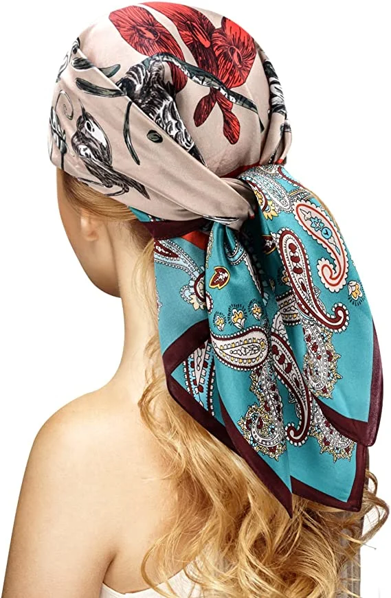 Ladies Fashion 100% Mulberry Silk Square Head Scarf Custom Printed Silk Scarves