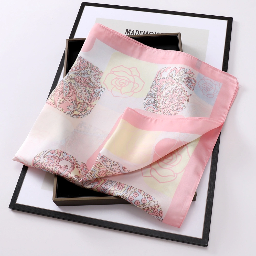 Custom Big Women Digital Printing Copy Silk Scarf 70*70 Cm Hair Square Polyester Ladies Scarf