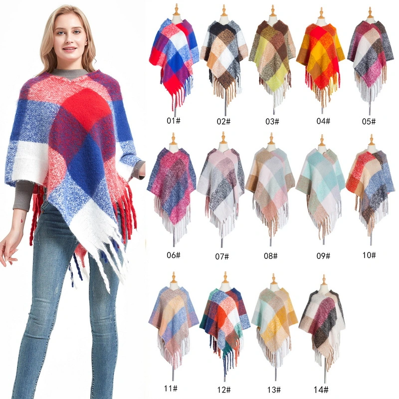 Colorful Oversized Tartan Women Woven Checked Winter Poncho