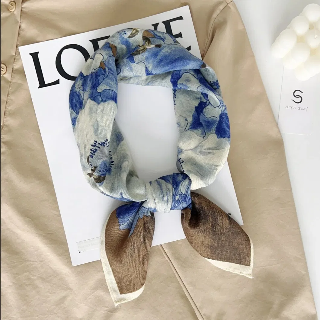 2024 68*68cm Wholesale Fashion Woman Silky Herringbone Scarf Custom Designer Floral Printing Headscarf for Women