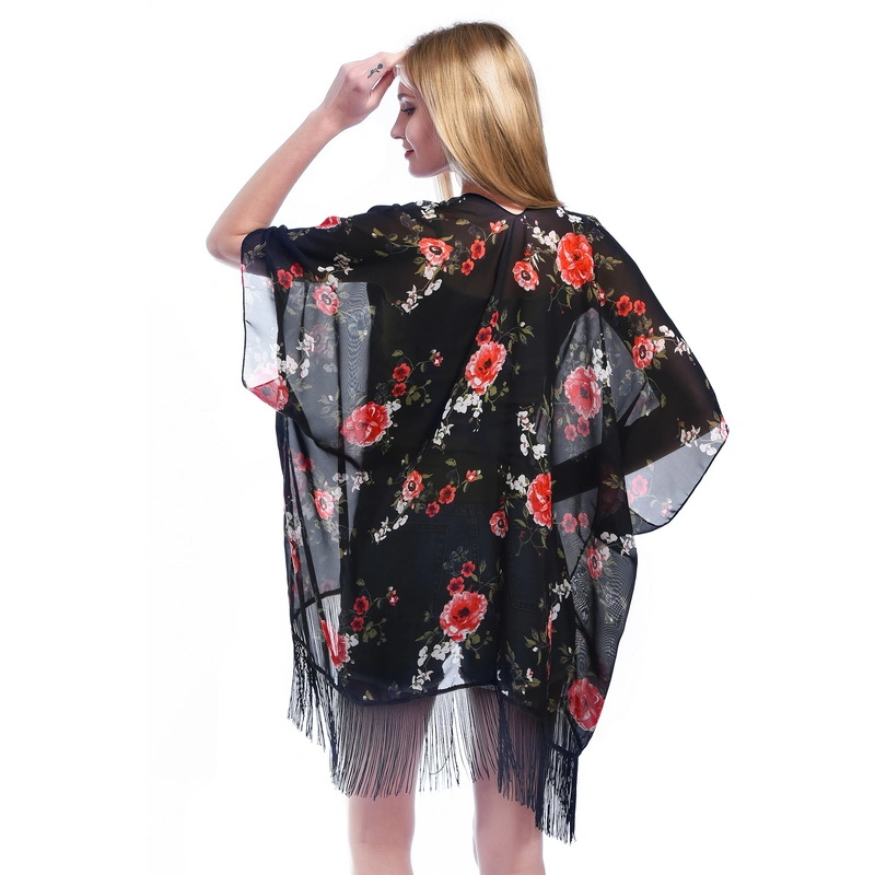 Women Chic Summer Chiffon Cover UPS Poncho with Tassel