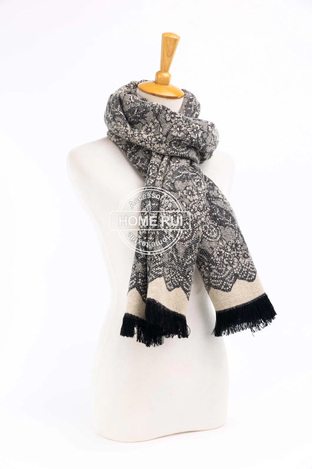 Fashion Accessory Women Winter Pink Grey Acrylic Woven Fringe Lace Jacquard Flower Floral Design Long Scarf