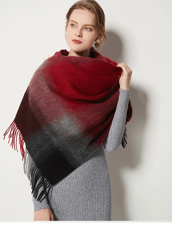 Red Plaid Gradient Warm Women&prime;s Wool Scarf Checked Wool Plaid Shawl Scarf