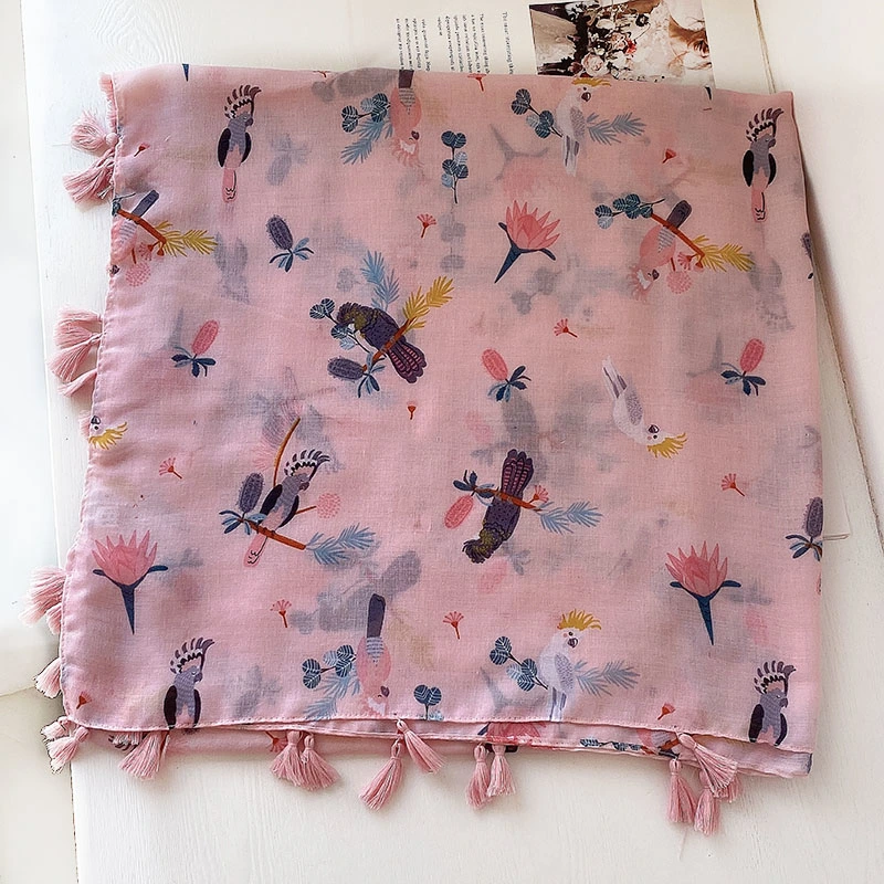 2023 New Pink Cotton and Linen Scarf Women&prime; S Spring and Summer Thin Section Shawl Tassel Parrot Korean Version Long Wild Silk Scarf