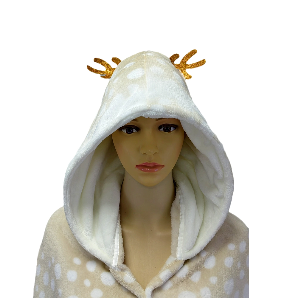 Women Bathrobe Special Printd Fleece Popular Blanket Hoodie Poncho Oversized with Deer Horn